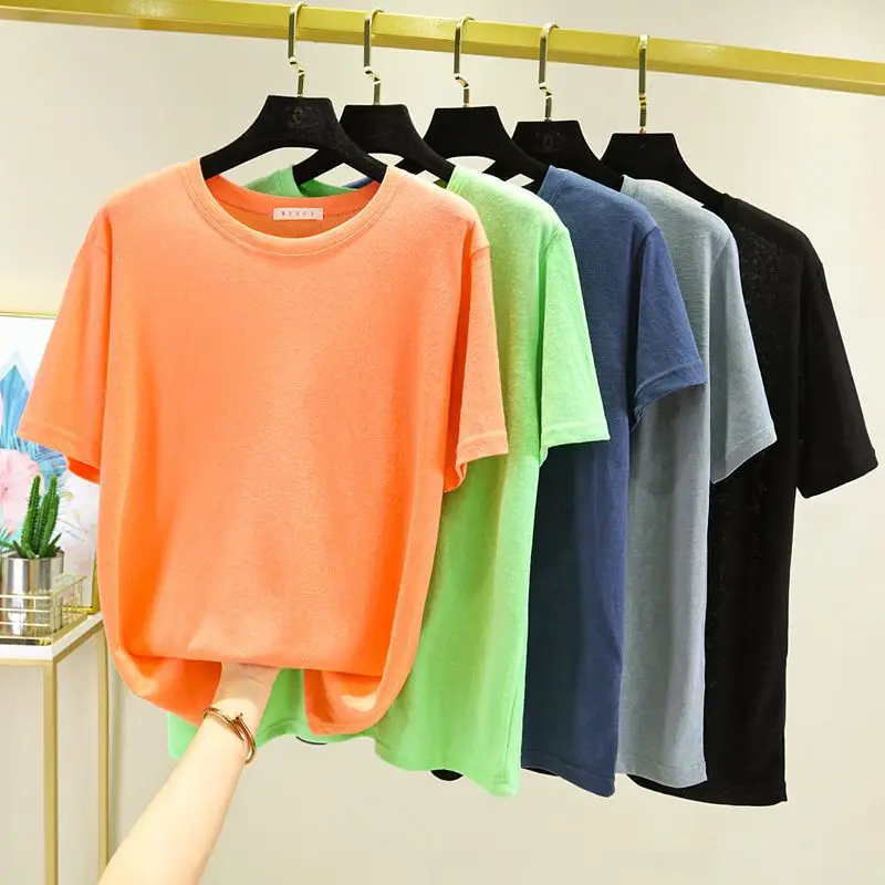 Summer Flax Cotton T-Shirt short sleeves O Neck Women casual Loose Tshirts Solid color Simple Base Tee tops