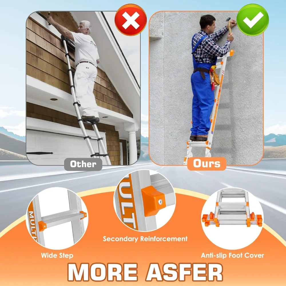 A Frame 5 Step Ladder, 17FT Extension Ladder with Stabilizer Bar & Wheels,330 lbs Security Load Multi Position Ladder