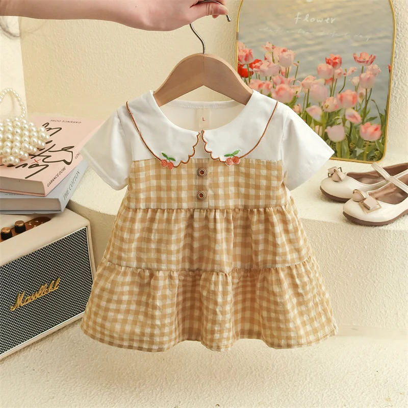 Summer New Small Fresh Plaid Baby Girl Dress, Sweet And Cute Cherry Collar Children\'S Short Sleeved Clothes (6-24 Months)