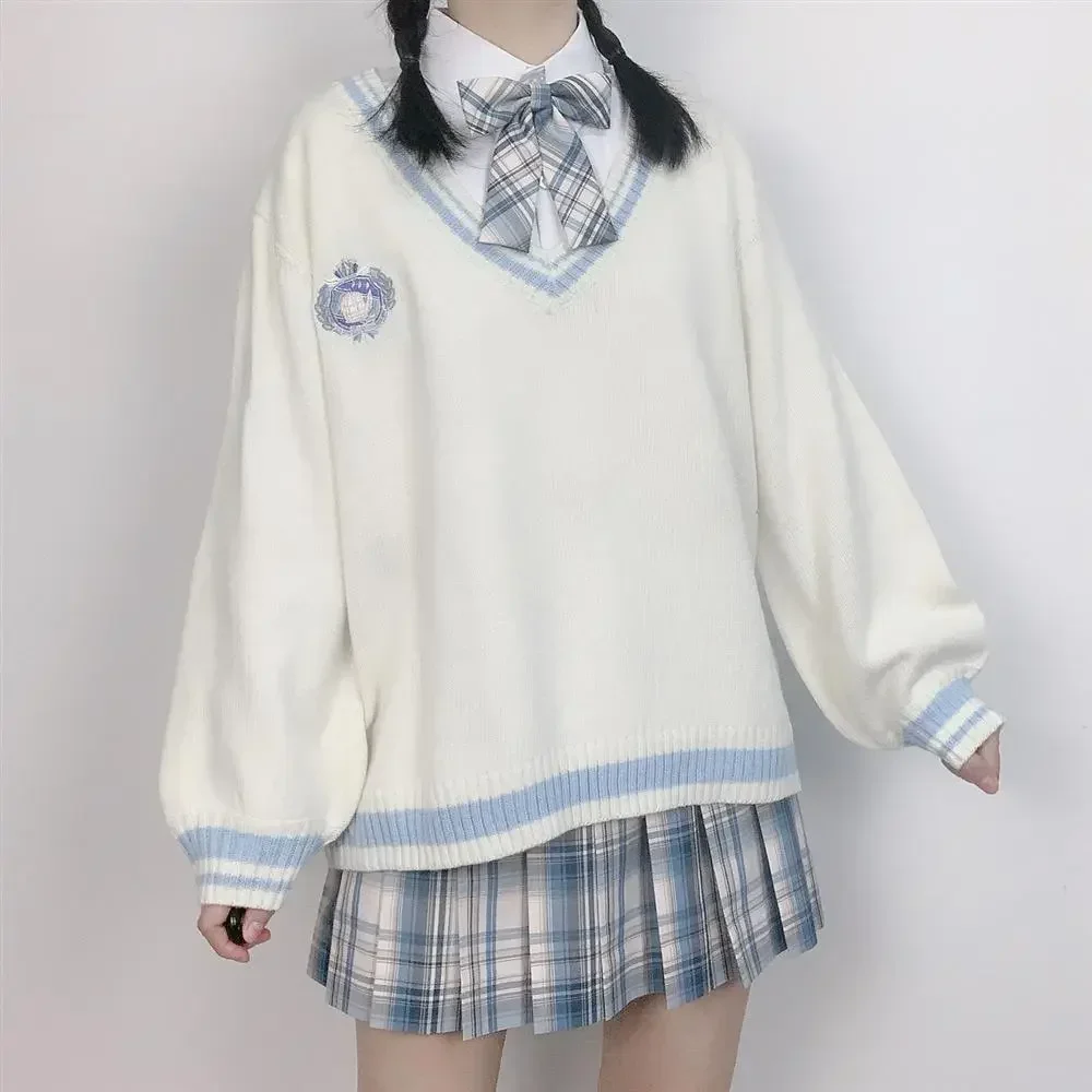 Pulôver feminino de malha japonesa, suéter com decote em v, estilo uniforme, tops doces, outwear universitário estudantil, estilo coreano, solto, escola