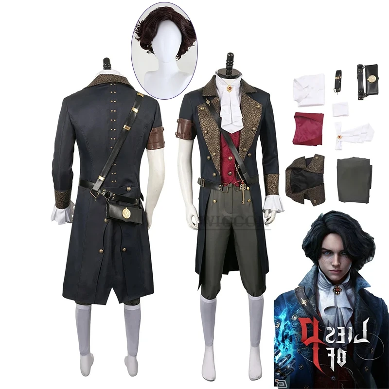 

Game Lies Of P cos Fantasia Costume Male Disguise Adult Men Uniform Jacket Pants Role Play Outfit Halloween Carnival Suit wig