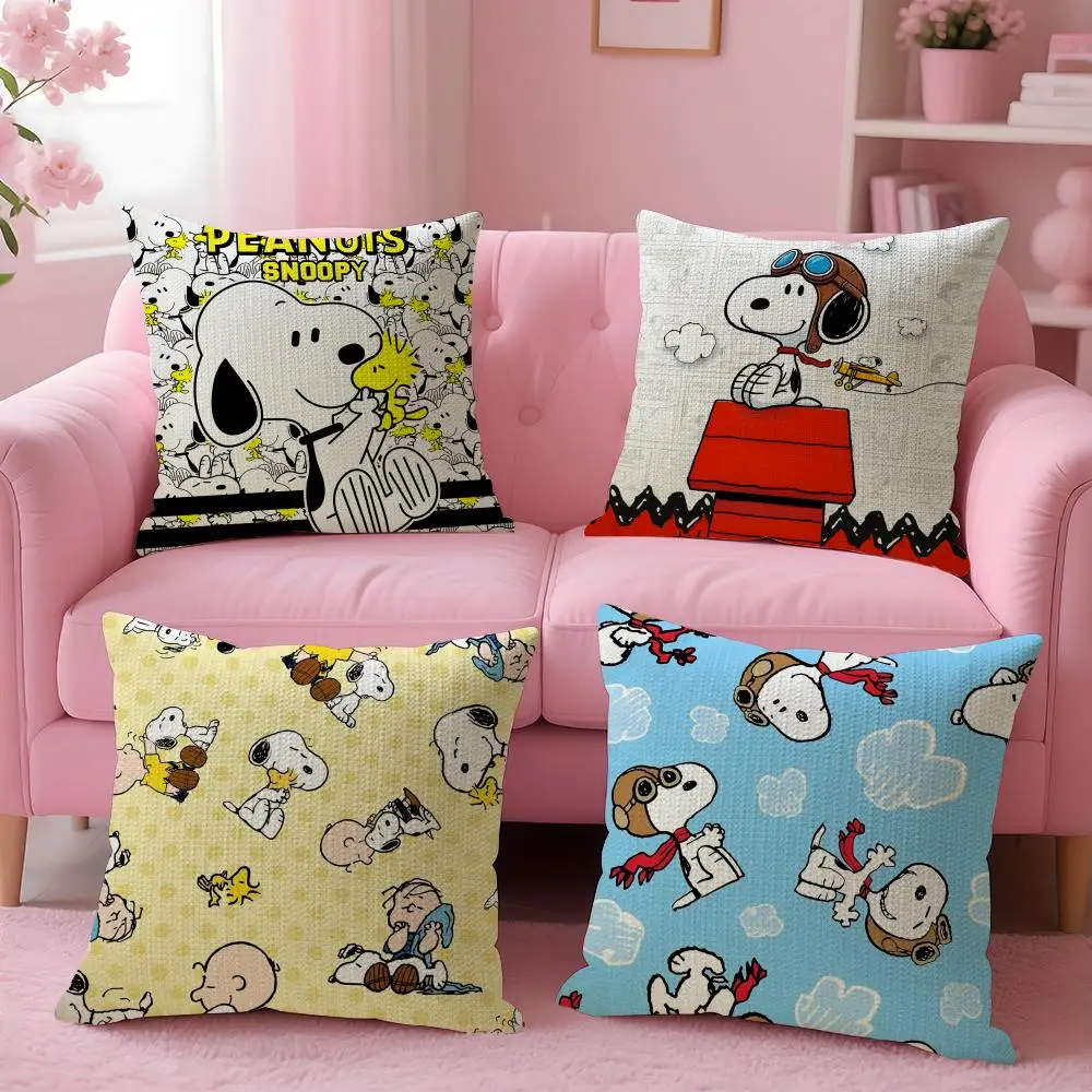 Cute Snoopy Pillow Case Natural Linen Organic Fabric Double-Sided Printing Sofa Home Decor Gift Cushion Cover