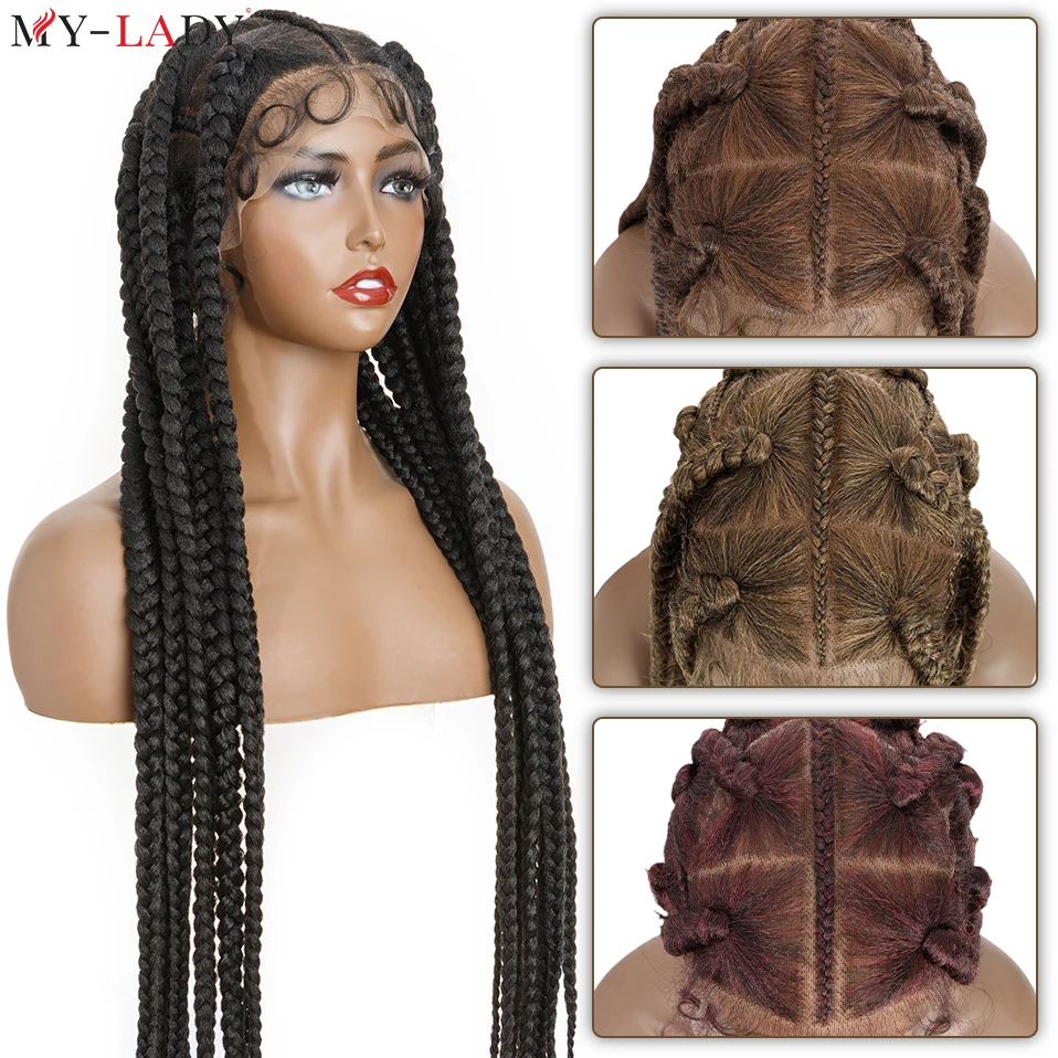 

My-Lady 37inch Box Braided Lace Front Wig Straight Synthetic Hair Cornrow Braids Lace Wigs Baby Hair Frontal Afro Brazilian Wigs