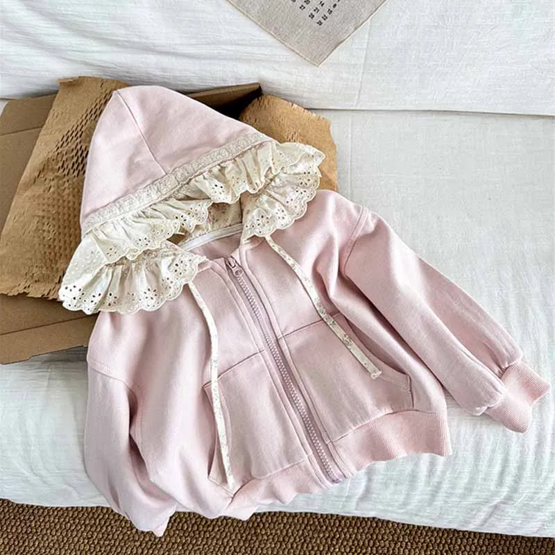 الربيع الدانتيل سترة الفتيات معطف مقنع جديد الأطفال لطيف الحلو ملابس خارجية طفل بأكمام طويلة سستة رداء علوي غير رسمي الخريف موضة الملابس