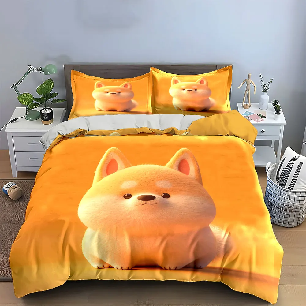 Fluffy 3D Shiba Inu Solid Orange Duvet Cover Set,Cute Plush Puppy Minimal Bedding Includes 1 Duvet Cover And 2 Pillowcase,Gift