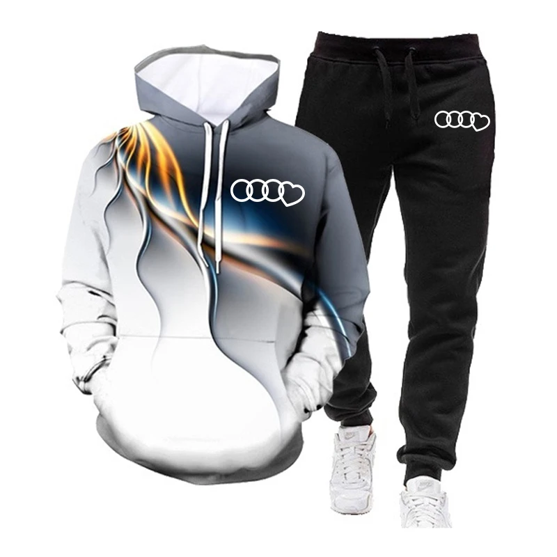 2024 New Fashion Mens Tracksuit Casual Hoodies+Sweatpants 2 Piece Set Autumn Hoodie 3D Printed Lightning Pocket Sweatshirt Suit