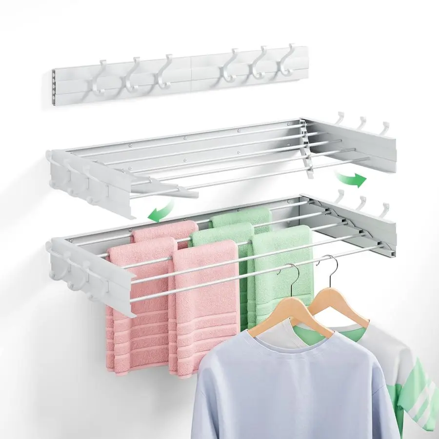 

Mounted Drying Rack 31.5, Foldable Clothes Drying Rack with 6 Towel Hooks and 5 Rods for Hanging Clothes, Space Saving Laundry R