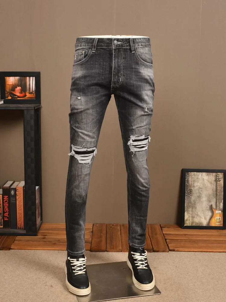 

Autumn Retro Tattered Jeans Jeans Men's Street Fashion Stretch Slim Fit High-End Korean Style Trendy Patch Skinny Tappered Pants