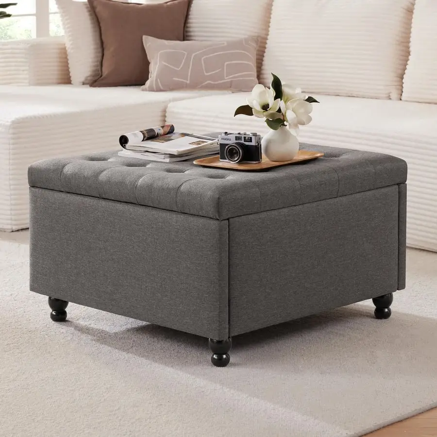 Inch Large Square Storage Ottoman Coffee Table, Oversized Square Ottoman with Storage, Tufted Upholstered Coffee Tables for Liv