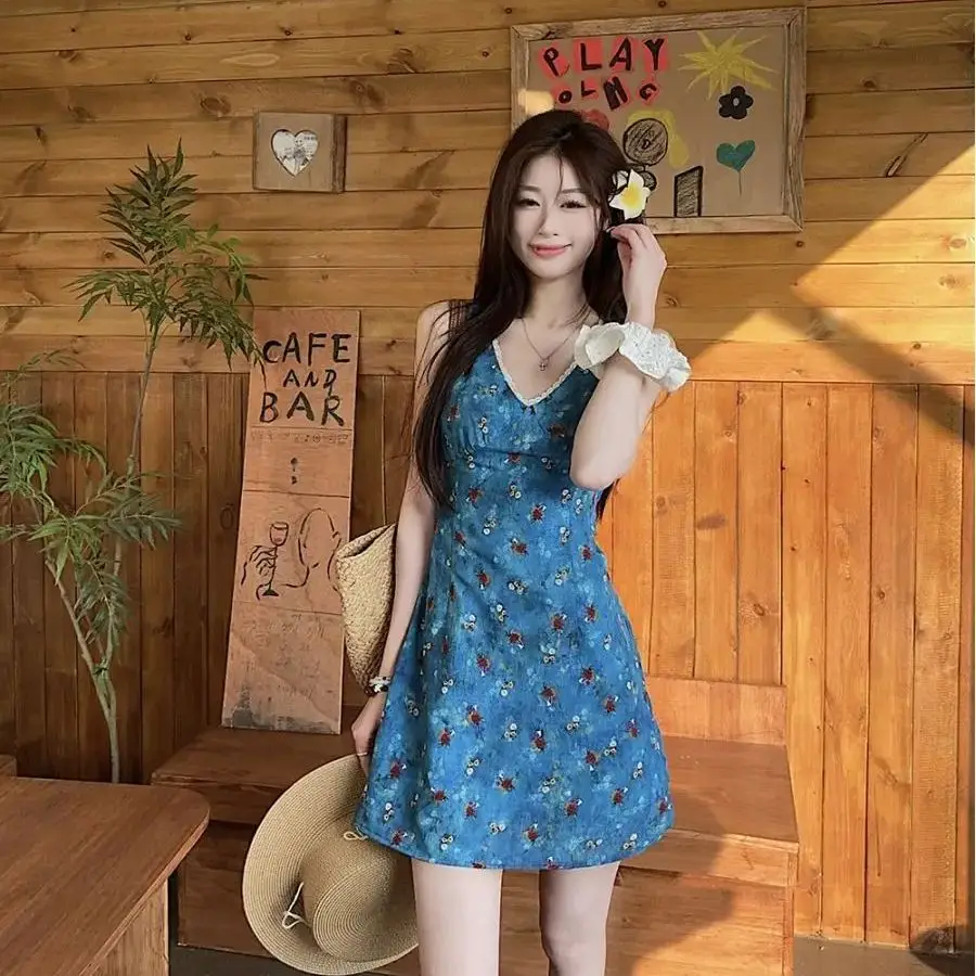 

Pure Girl-Style Small Flying Sleeve Dress Women Summer New Style Waist-Hugging Slim Lace Splicing Heavy Industry Skirt