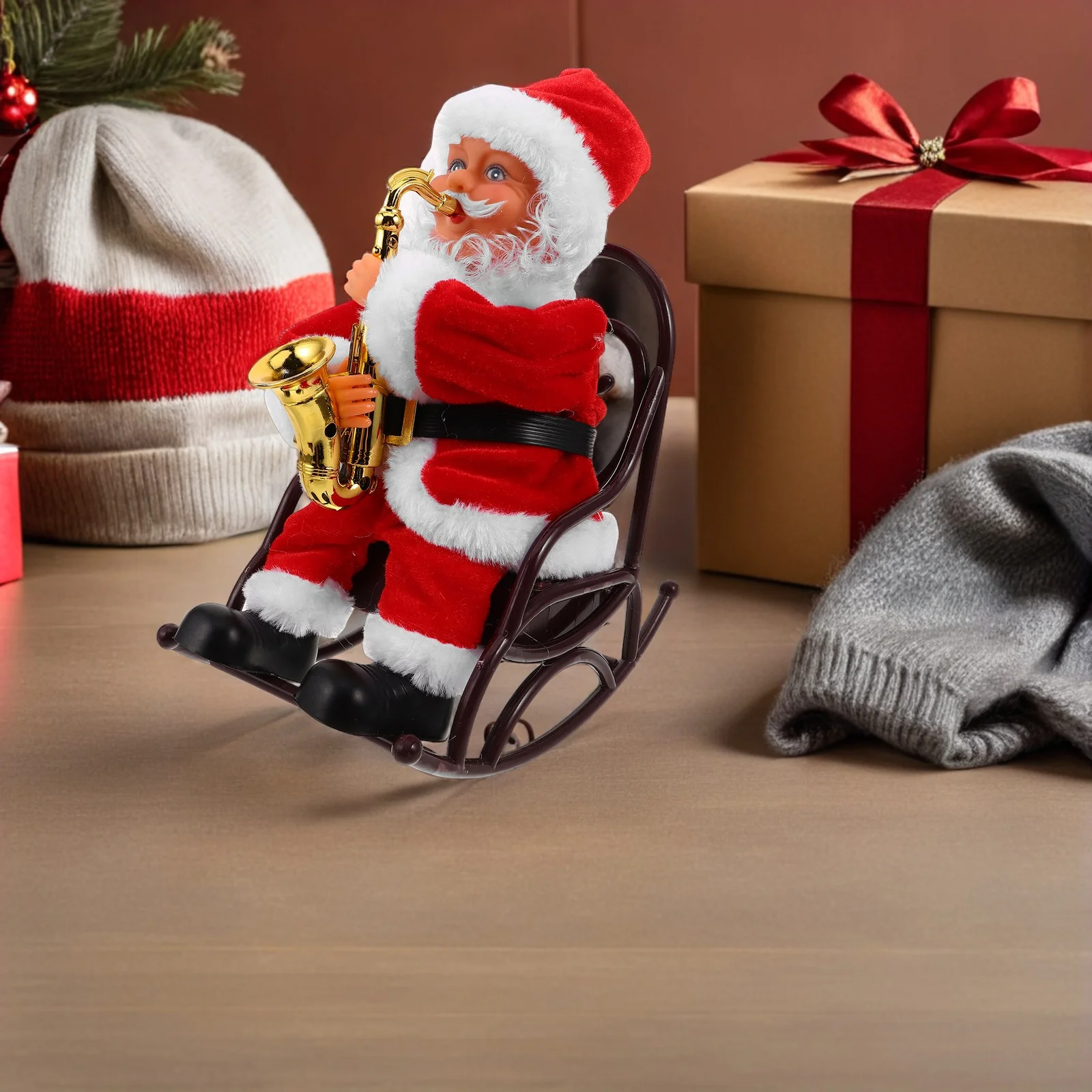 Babbo Natale elettrico natalizio con sedia da gioco per strumenti musicali - Decorazione natalizia animata vibrante per celebrazioni stagionali e
