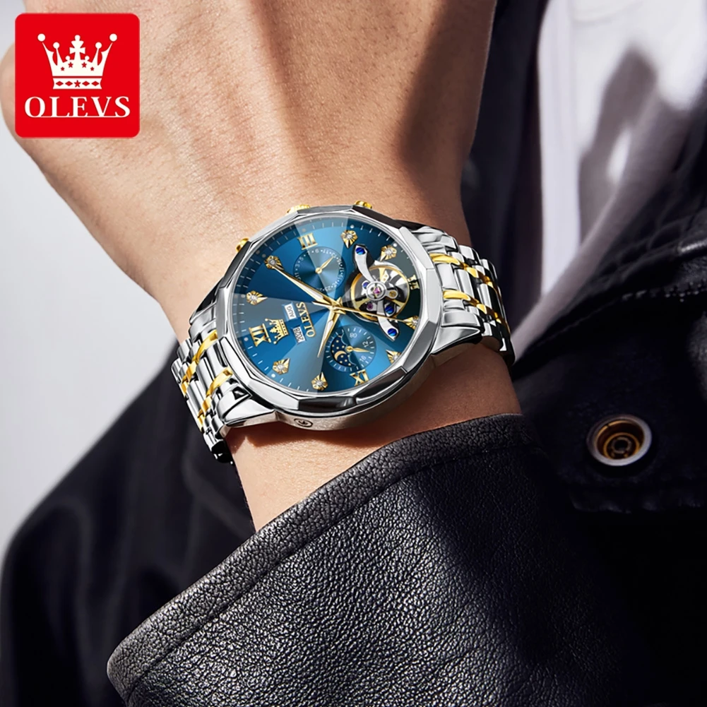 OLEVS Automatic Mechanical Mens Watch Business Wristwatch Waterproof Date Watches Moon Phase Watch for Men Luxury Brand Watch 66