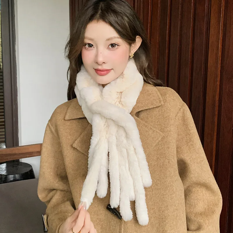 

Real Rex Rabbit Fur Tassel Scarf Double-sided Woven Natural Fur Scarves Luxury Handmade Knit Real Fur Scarf Female Neck Warmer