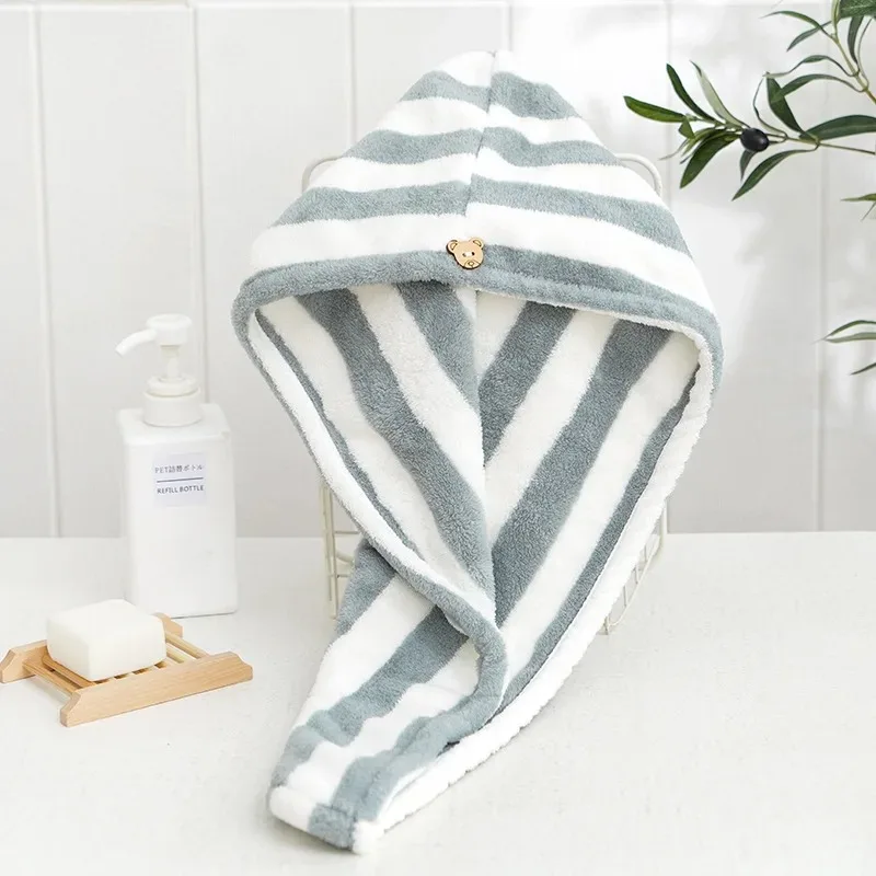 Microfiber Hair Towel Wrap Thickened Coral Velvet Cationic Dry Hair Cap Water Absorption and Quick Drying Striped Bath Cap