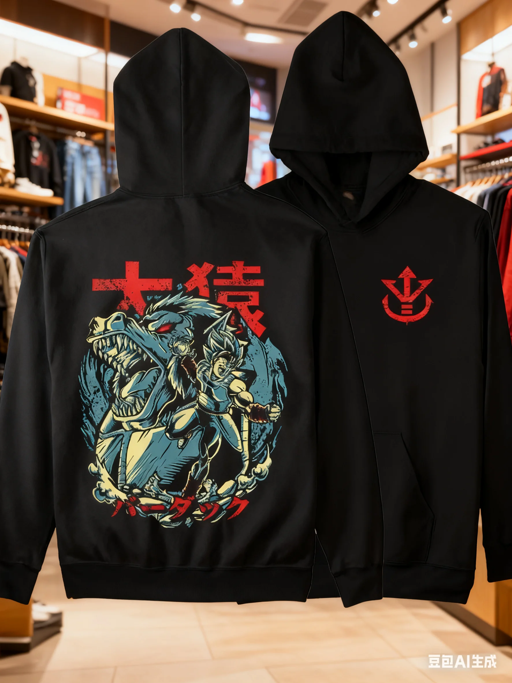 

Dragon Ball Z Anime Vegeta Cotton Hoodie Black Color Character Print with Giant Ape Riding Pose Blue Smoke Effect Pattern