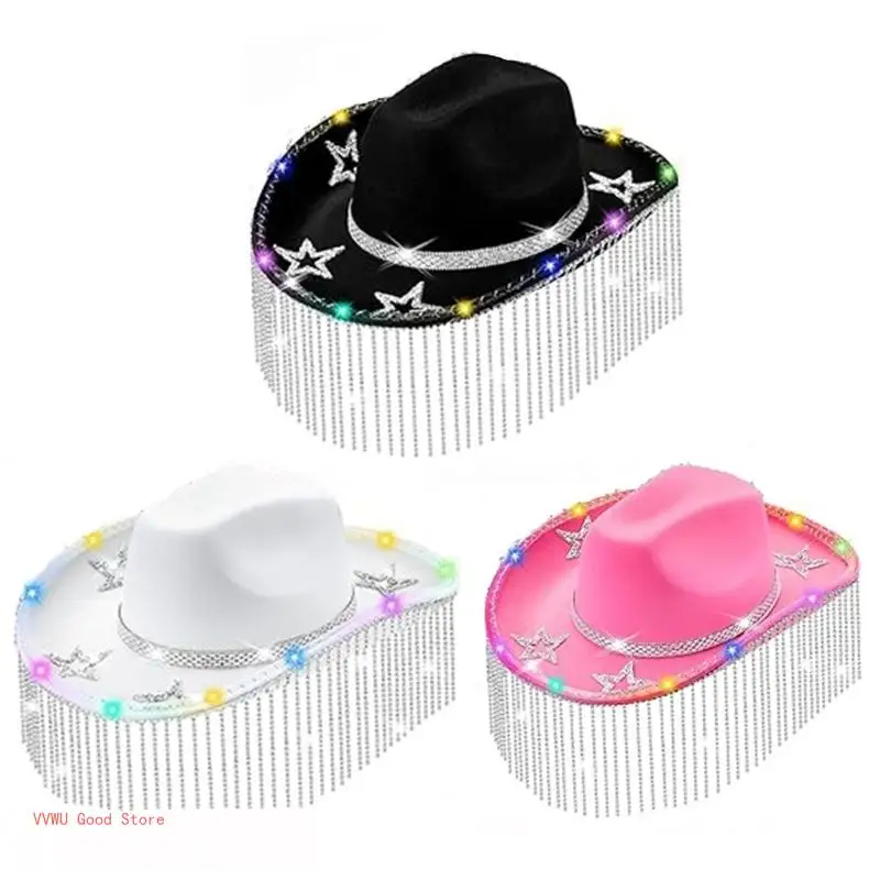 Vacation Cowboy Hat Glowing Panama Hat Crystal Tassels Hat Crystal Hand Beading Crystal for Carnivals Music Festival