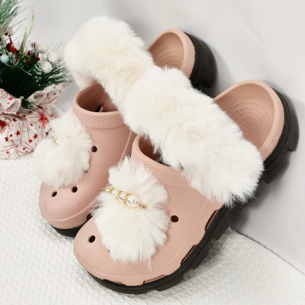 1 Set Winter Removable Shoelace Cover Pearl Plush Shoe Buckle Winter Warm Shoes Cover For Clogs Sandals Shoe Accessories Gift