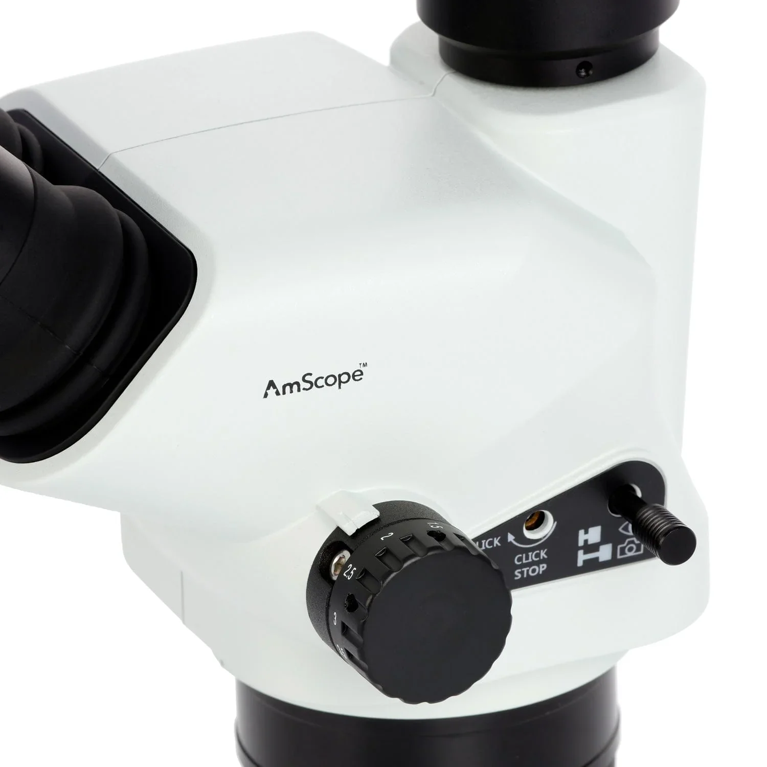 AmScope 6.7X-45X Trinocular Zoom Stereo Microscope Head w/ Shutter Pin, Magnification Lock, & Click Stop Adjustment