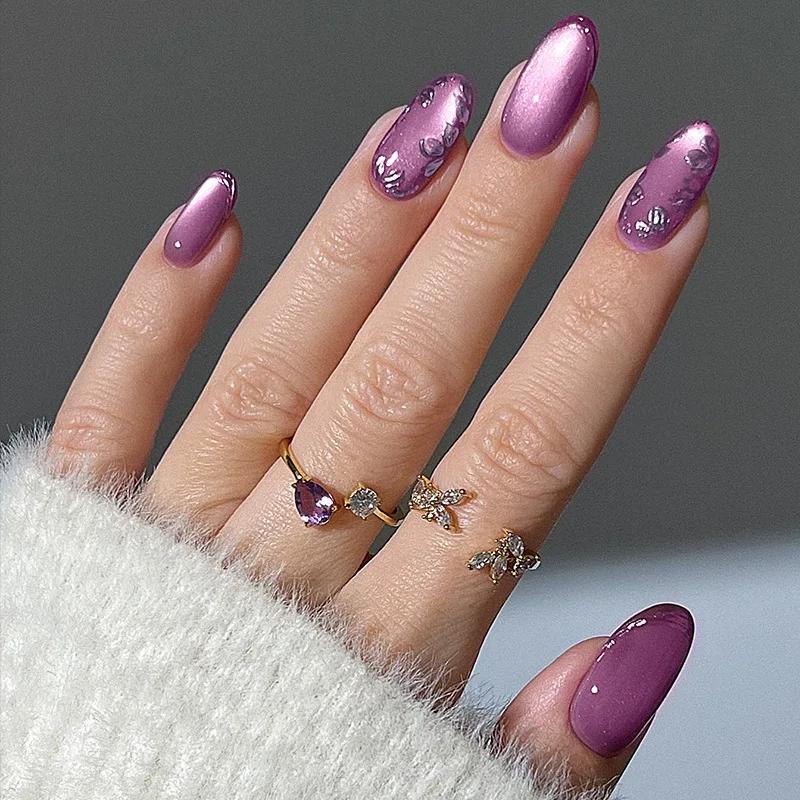 24 Piezas Uñas Almendra de Verano con Ojo de Gato Verde Francesa Tips 3D Doradas con Estrellas Uñas Postizas con Diamantes Reutilizables 4