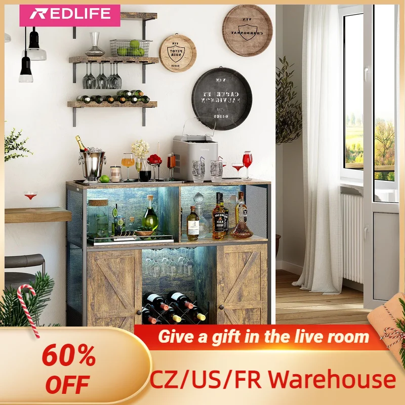 

Redlife-Bar Cabinet w/ LED Light,Liquor Cabinet w/ Power Outlets Glass Holder,Industrial Storage Buffet Cabinet for Home Kitchen