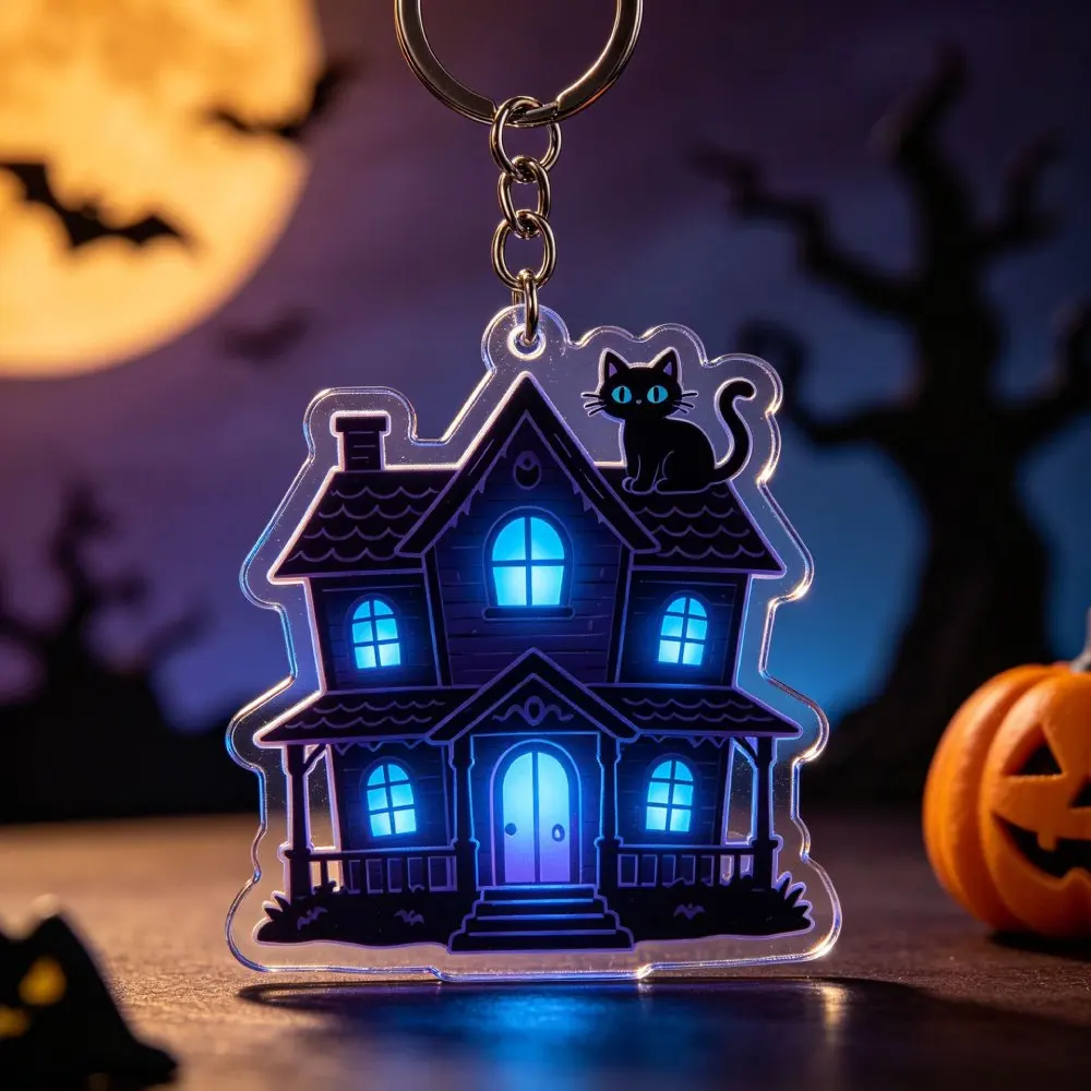 Halloween Haunted House Acrylic Keychain Spooky Black Cat Pumpkin Bat Key Ring Bag Charm Pendant Horror Holiday Party Decoration