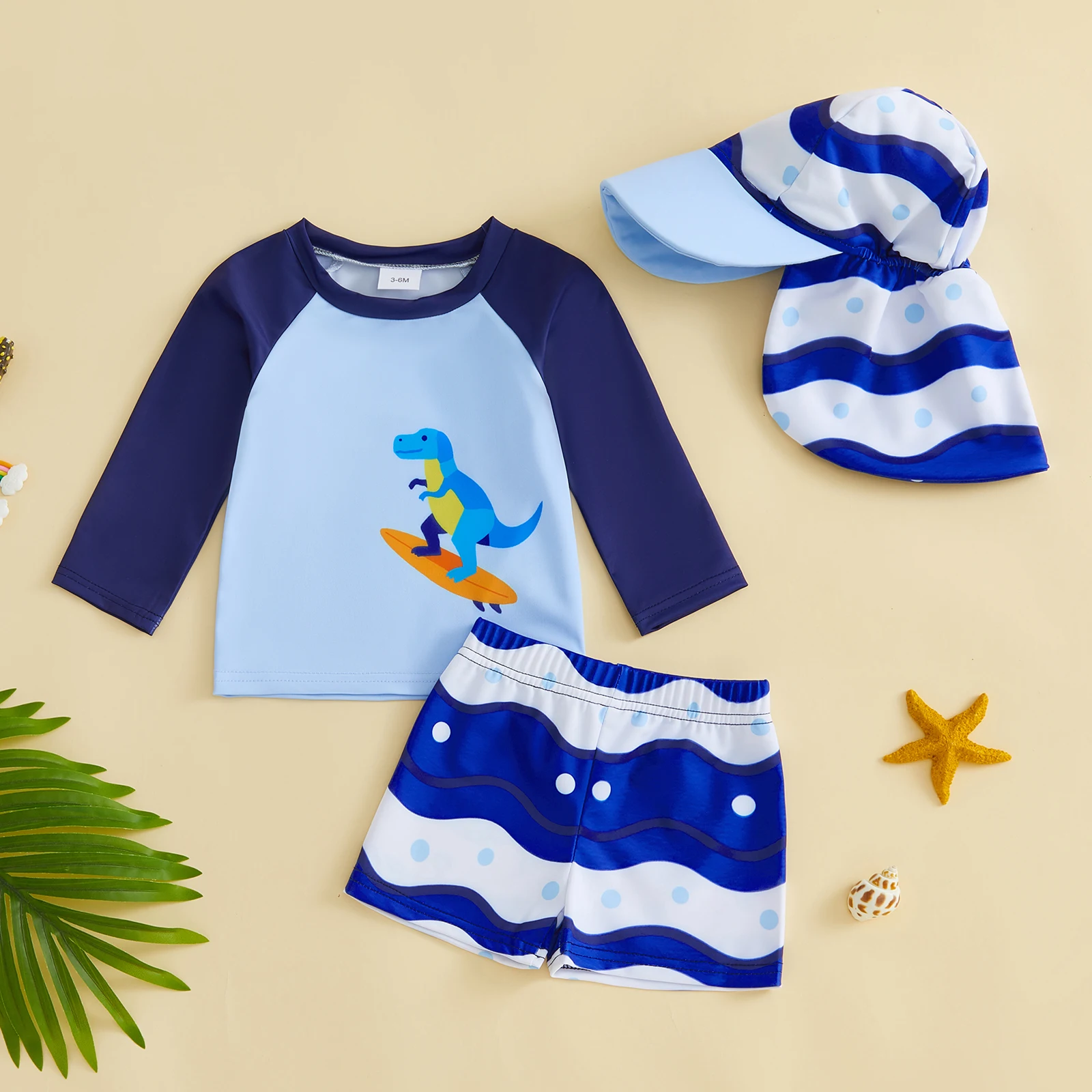 

Купальный костюм для маленьких мальчиков, комплект из 3 предметов, купальный костюм с длинными рукавами и принтом динозавра, топы, плавки и шапочка