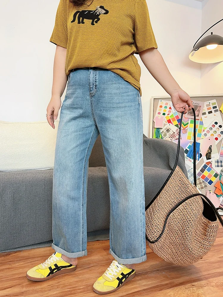 

High Waist Wide Leg Cuffed Jeans Loose Meat Concealing Slimming New Arrival Women's Straight Leg High Elasticity Cotton Jeans
