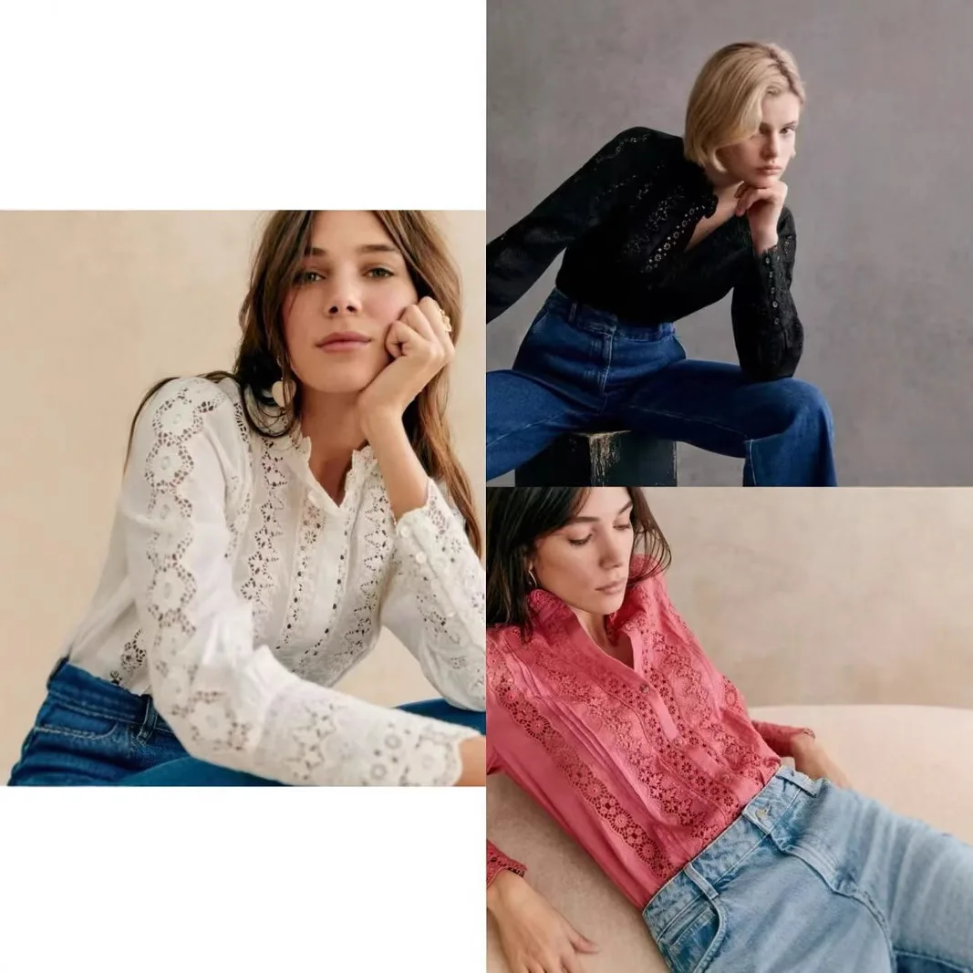 

Ретро-рубашка с длинным рукавом, ажурная, с вышивкой, кружевной отделкой, цветочным принтом, на пуговицах, женская, премиум-класса, модная, весна-лето, новинка