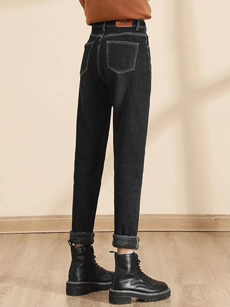 Pantaloni in denim foderati in velluto vintage caldo invernale Moda coreana Jeans Harem larghi Donna Casual Lunghezza caviglia Streetwear Vaqueros Nuovo