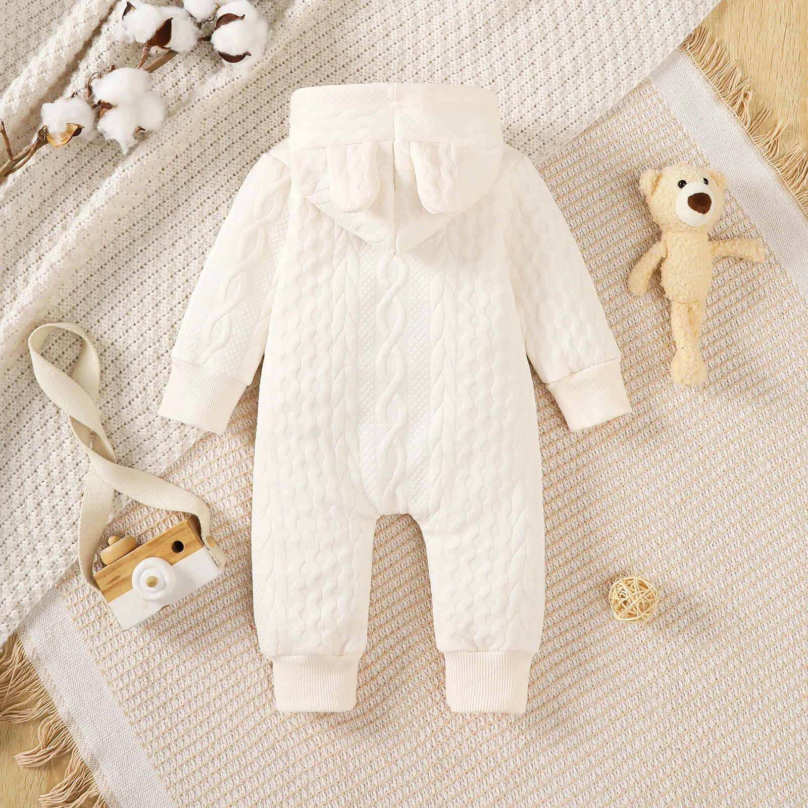 Neugeborenen-Baby-Jungen-Kapuzen-Body, einfarbiger, gedrehter Jumpsuit, geeignet für Jungen von 0-18 Monaten, Frühlings- und Herbst-Krabbelkleidung – Detail 7