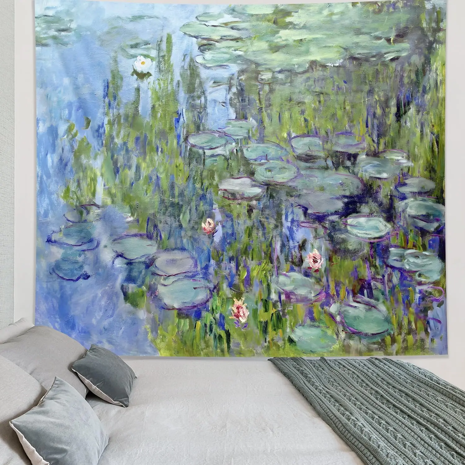 Boho Nature Pond Tapestry Wall Hanging Blue Water Lilies Floral Watercolor Polyester Home Decoration Art
