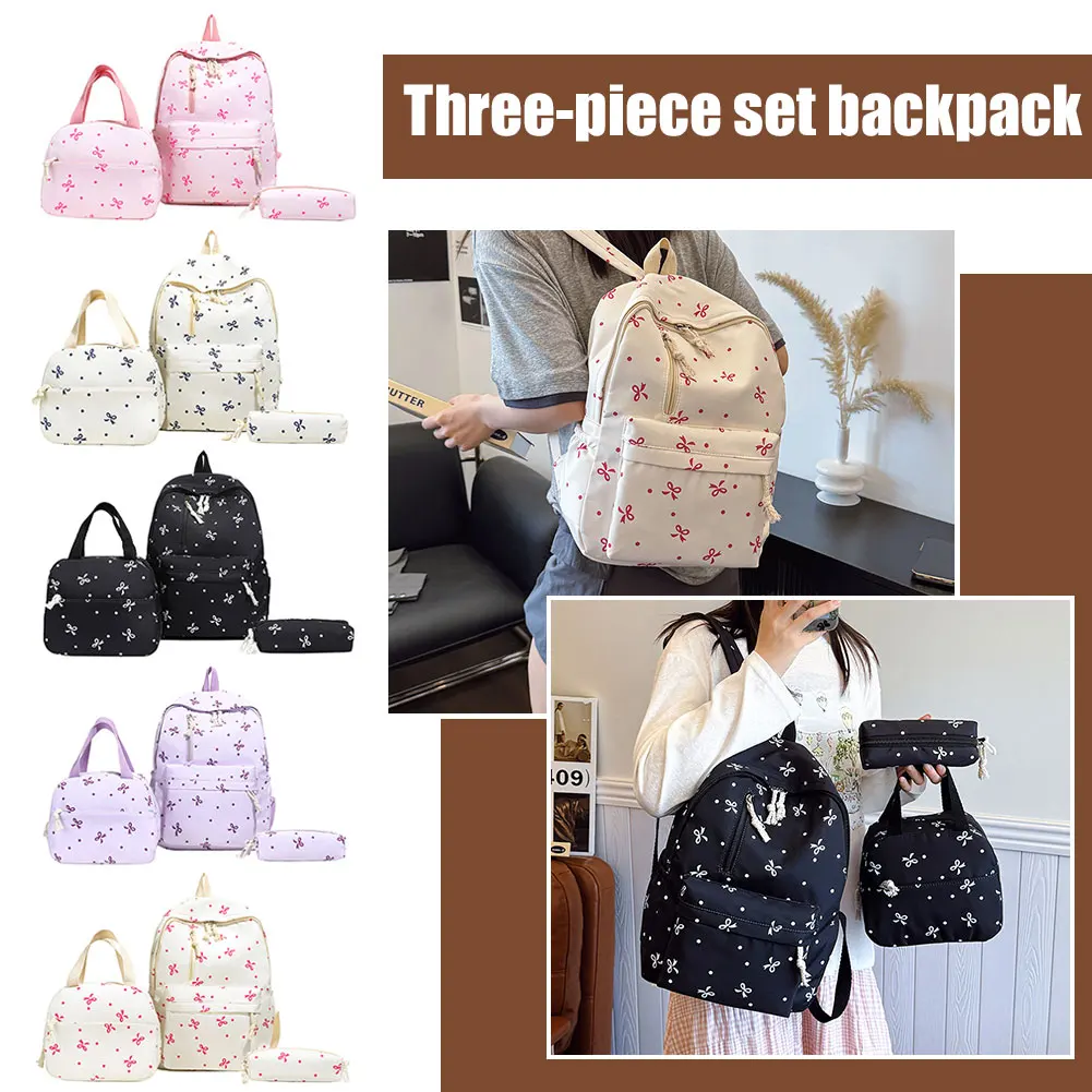 3Pcs/Set Bow Print School Backpack with Handbag Pencil Case Student Rucksack for Girl Women Travel