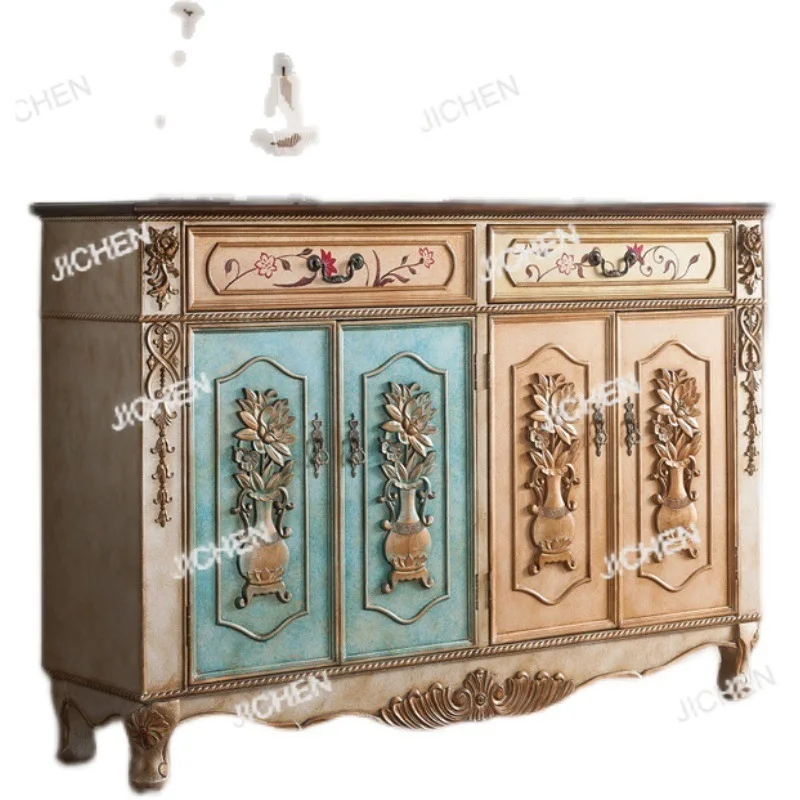 

Painted four-door solid wood shoe cabinet carved distressed three-door shoe cabinet champagne color vintage entryway cabinet sto
