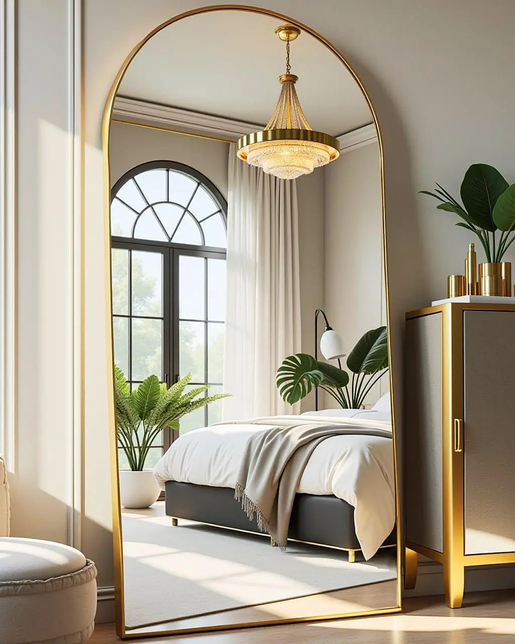 مرآة ذهبية مقوسة كبيرة الحجم بطول كامل مقاس 68 × 26 بوصة - قائمة بذاتها/قابلة للتركيب على الحائط/الملط، إطار معدني ذهبي لغرفة النوم، غرفة المعيشة
