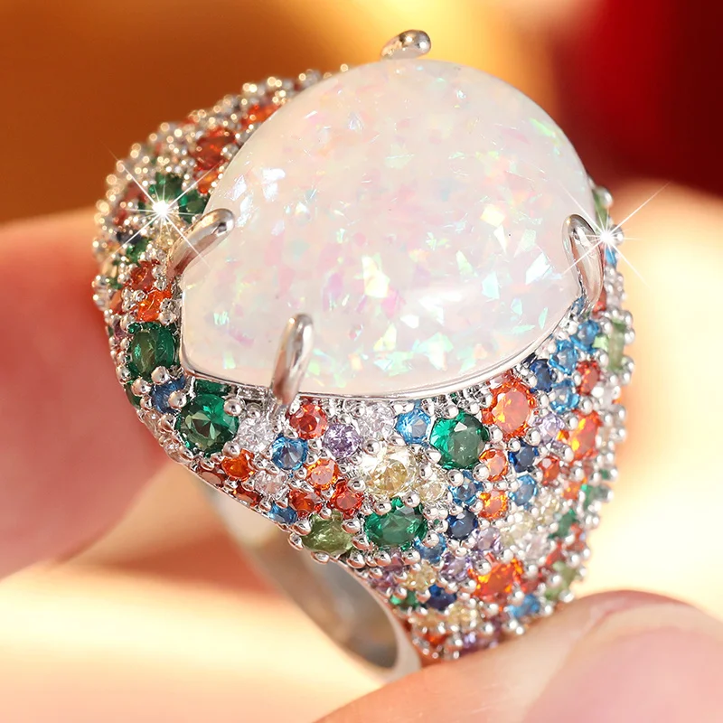 Luxury Wide Version Women's Ring  Surrounded By Colorful Synthetic Zircon Sparkling Cocktail Ring Exquisite and Elegant Jewelry