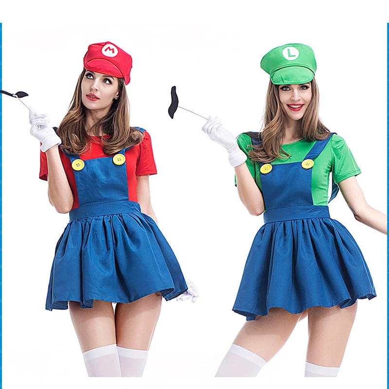 Adult Couple Carnival Halloween Costume Super Brother Plumber Outfit Cosplay Fancy Party Dress
