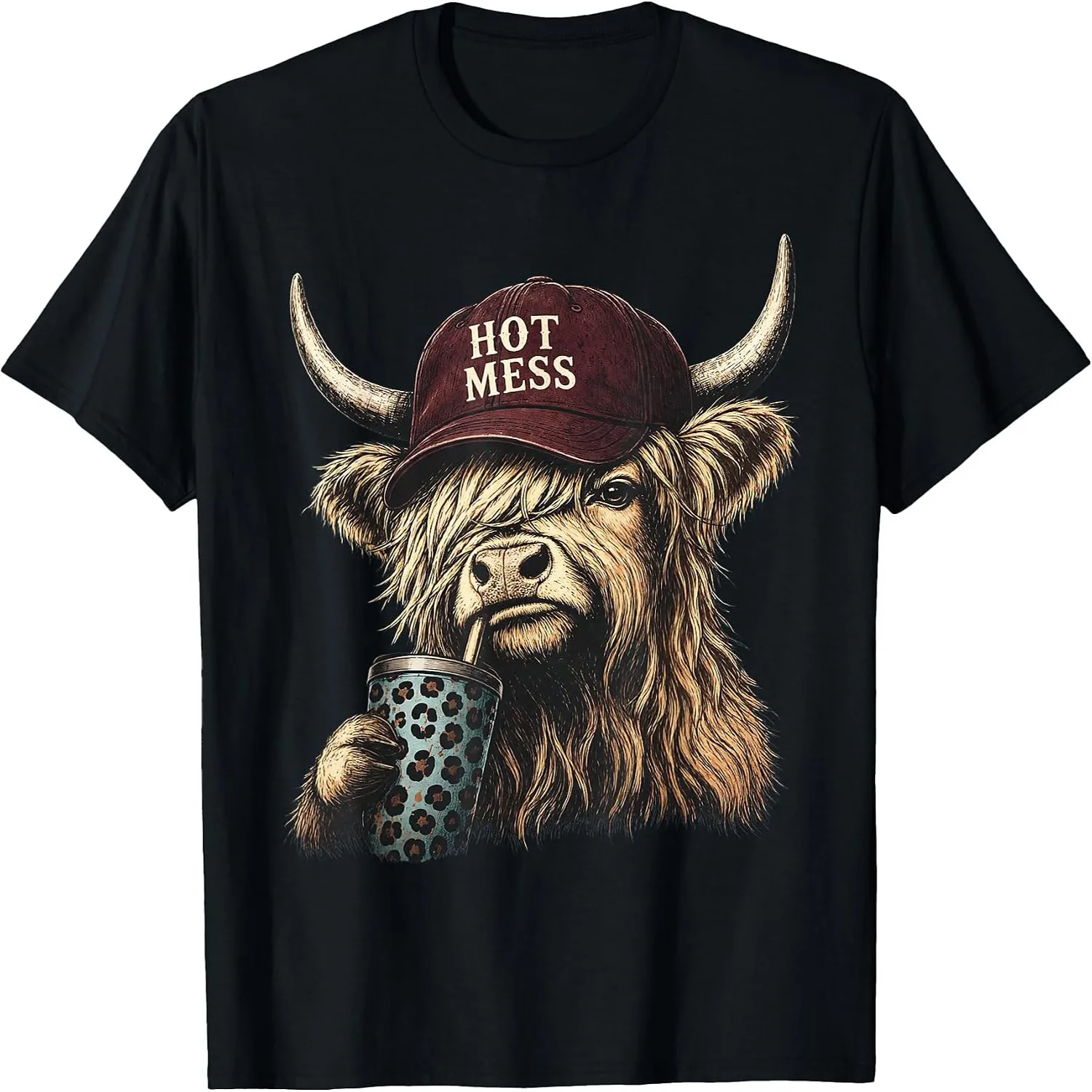 Hot Mess Highland Cow Funny Cute Coffee Lover Graphic T-Shirt