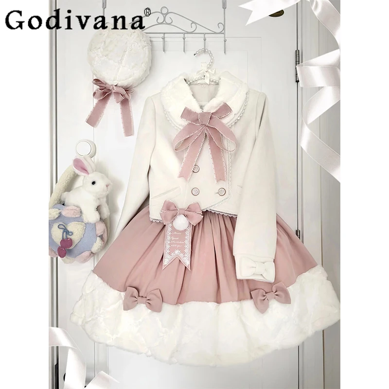 Pink Cute Sweet Coat and Skirt Lolita Outfit Autumn Winter Women Lolita Skirt Suits for Daily Wear Female Japanese Princess Set