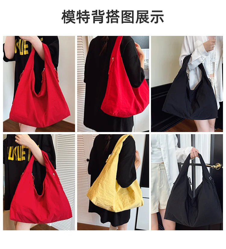 Lässige Nylon-Umhängetasche mit mehreren Taschen, Doppelreißverschluss, hohe Kapazität, Einkaufstasche, 2025, modische einfarbige Handtaschen, Einkaufstasche – Detail 13