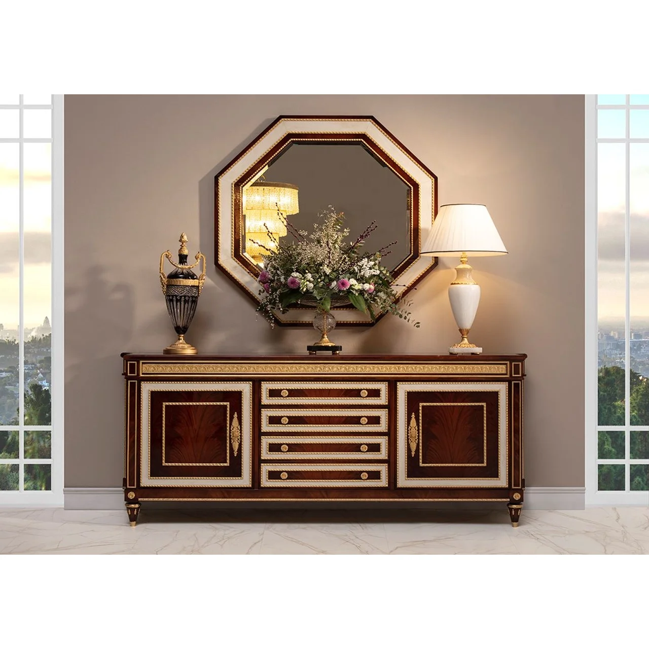 Modern Wooden Gold And Black Kitchen Furniture 4 Drawers Console Table Classic Antique Sideboard With Mirror