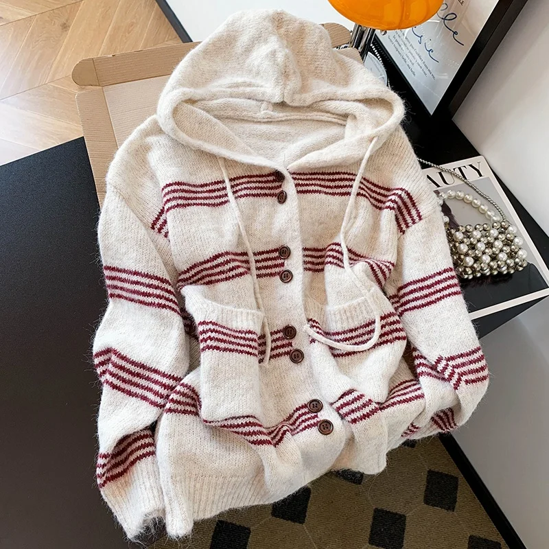 سترة نسائية صوفية مخططة مريحة مفتوحة سترة محبوكة متوسطة الطول كسول Sle الكورية أوائل الربيع الحفاظ على الذات