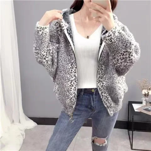 Imitation Mink Hair Autumn Winter Women\'s Coat Leopard Print Knitting Cardigan Hooded Short Loose Add Thick Female Outerwear