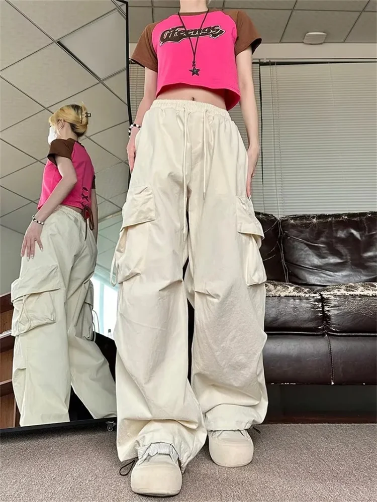 QWEEK Y2K Beige Cargo Pants Woman Streetwear Hip Hop Black Parachute Trousers Oversized Korean Fashion Wide Leg Pink Sweatpants