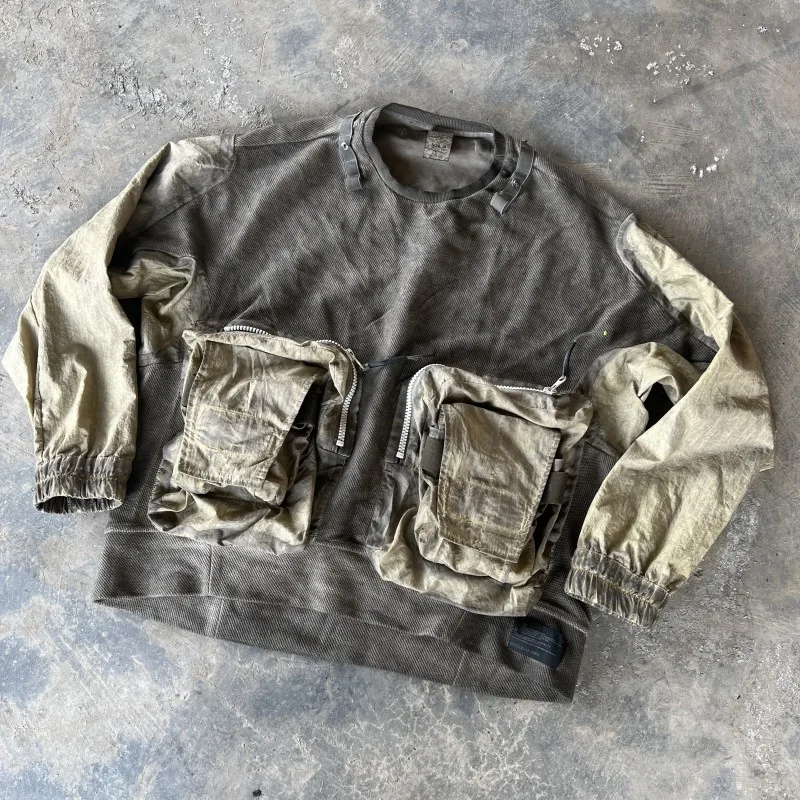 Techwear WasteLand Wind Overlapping Design Heavy Industry Old Washing Process Three-Dimensional Large Pocket Pullover Sweater
