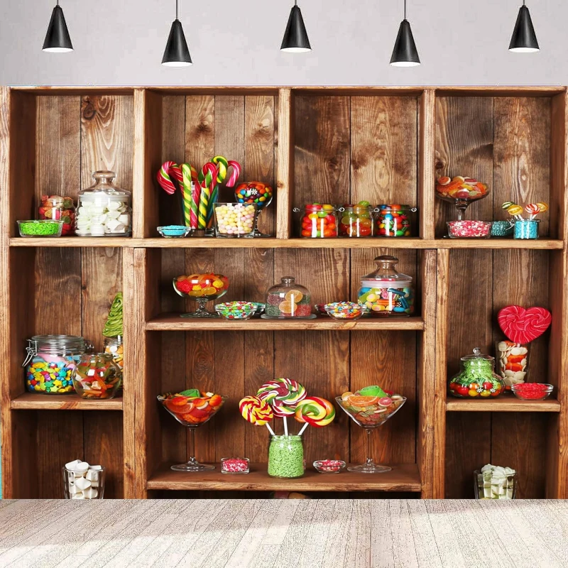 Sweets Candy Shop Photography Background Candies In Jars Lollipop Candy Canes Wooden Shelves Party Backdrop Wall Banner Poster