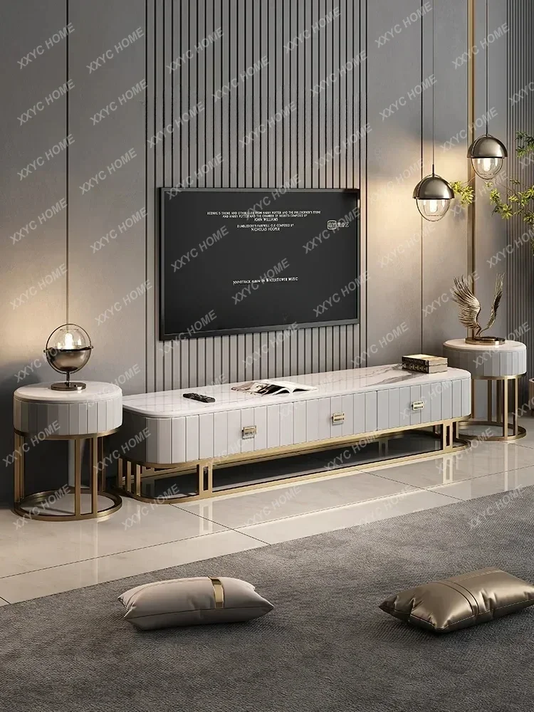 Q خزانة تلفزيون وطاولة شاي مجموعة أثاث غرفة المعيشة سطح من الرخام حامل تلفزيون خزانة أرضية منخفضة