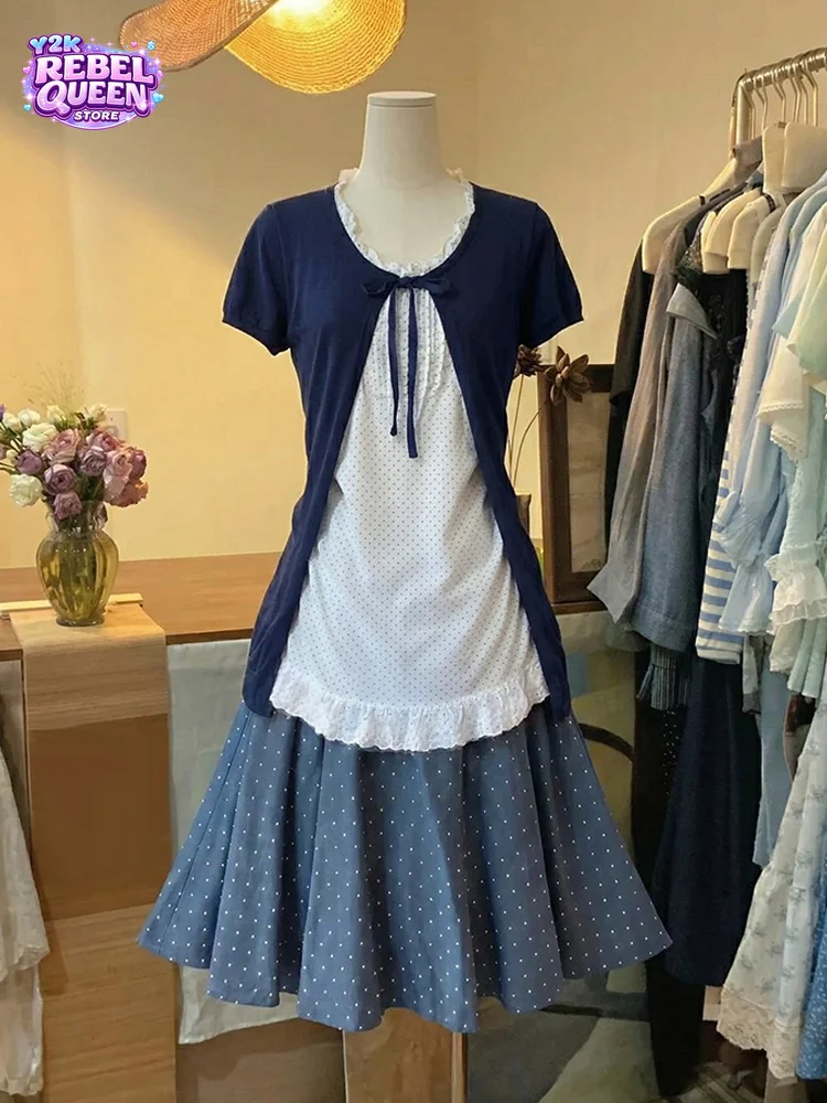 

Summer Vintage Japanese Sweet 3 Piece Set Women PolkaDot Cami Top Ruffle Bow Short Sleeve Cardigan High Waist Skirt Chic Outfit