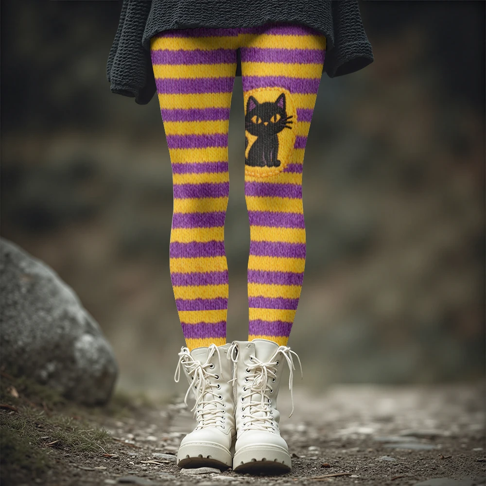 

Желто-фиолетовые леггинсы с широкими полосками и принтом, теплые брюки с имитацией вышивки черного кота и высокой талией для осенне-зимней моды