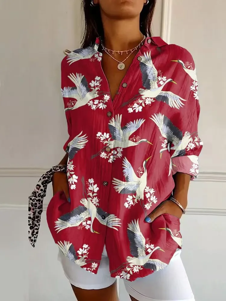 2025 new women's shirts Summer European and American trendy long-sleeved shirts with printed 3D shirts with floral patterns