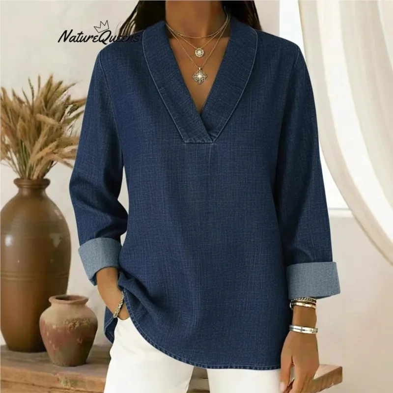 Spring And Summer Women's V-neck Solid Color Nine-quarter Sleeves Versatile Retro Comfortable New Versatile Pullover T-shirt Top
